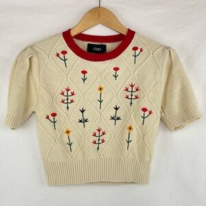 NWT Cider Sweater Top Women’s S Embroidered Floral Knit Crop Top Puff Sleeve